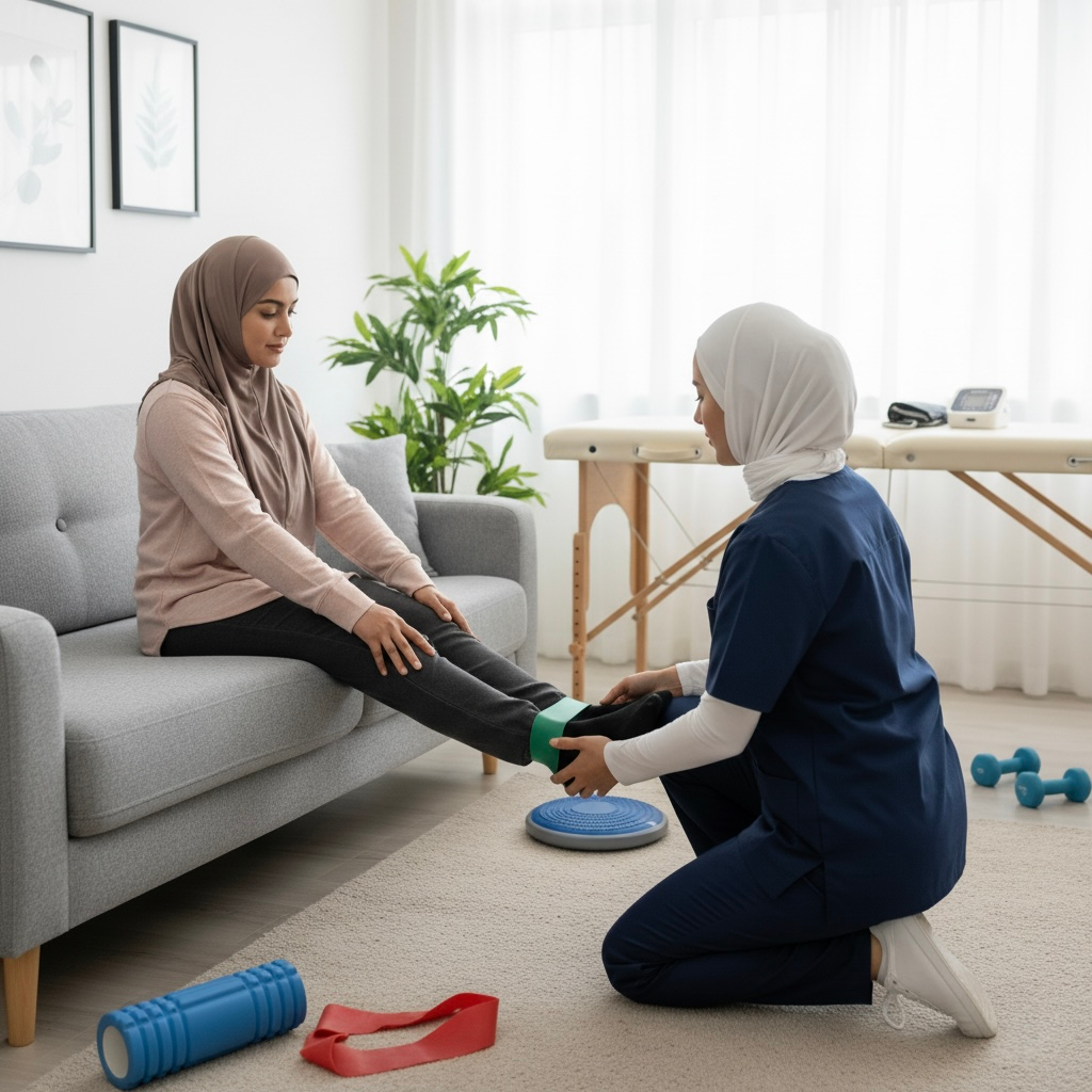 أخصائي علاج طبيعي يقدم خدمة منزلية للمريض في بيته